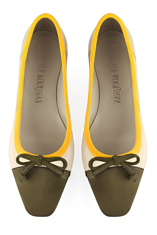 Khaki green, gold and yellow women's ballet pumps, with low heels. Square toe. Flat flare heels. Top view - Florence KOOIJMAN